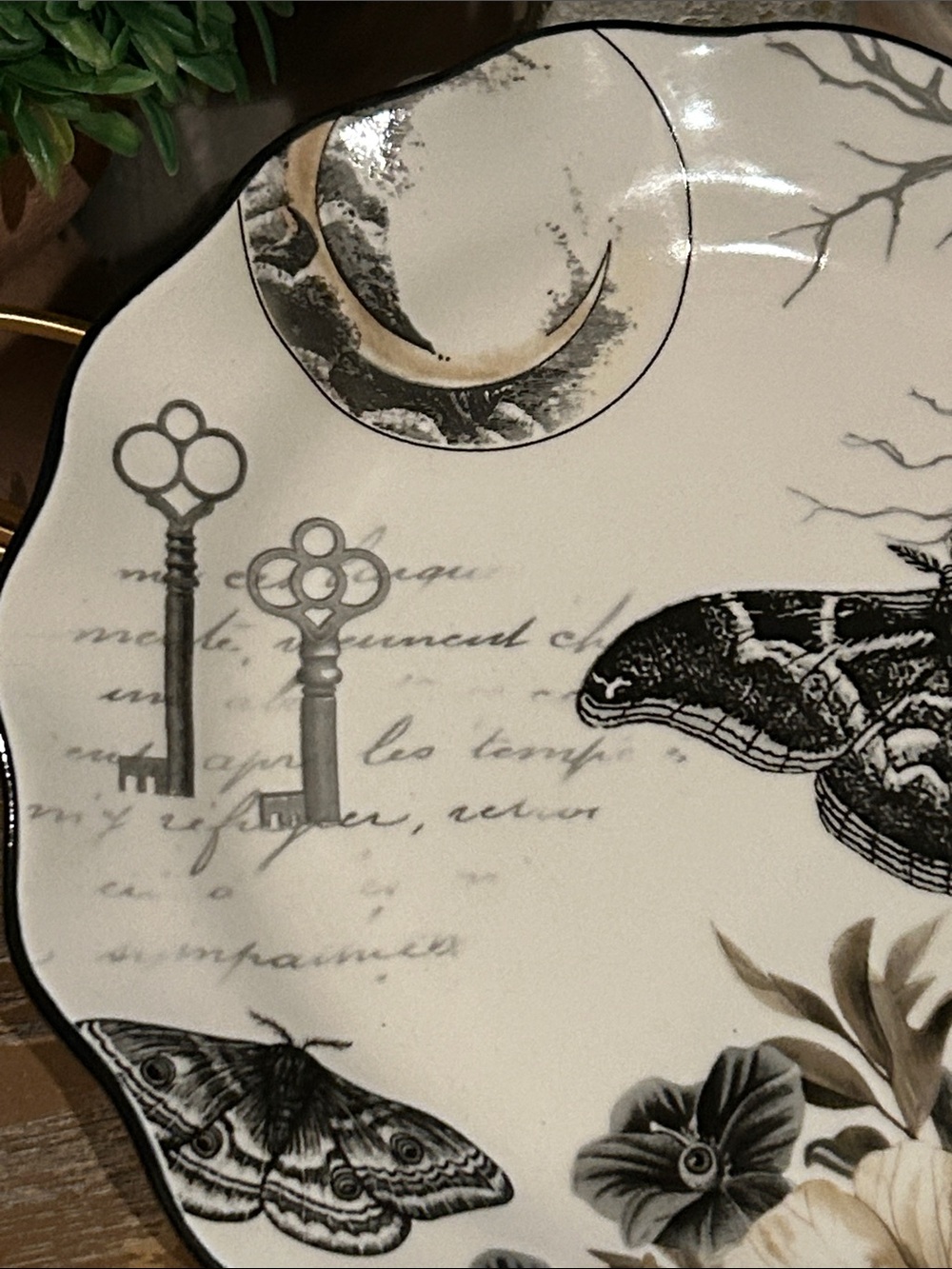 NEW! Gothic Black Butterfly Moth & Floral Toile Floral Ceramic Serving Plate - Picture 4 of 7